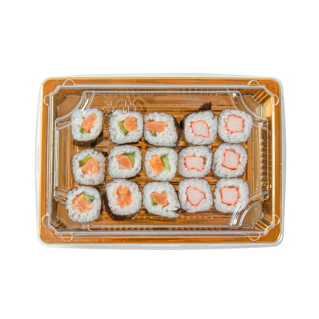 Roku Rectangle Gold Plastic Take Out Sushi Tray - with Clear Lid - 7" x 5" x 1 1/2" - 100 count box