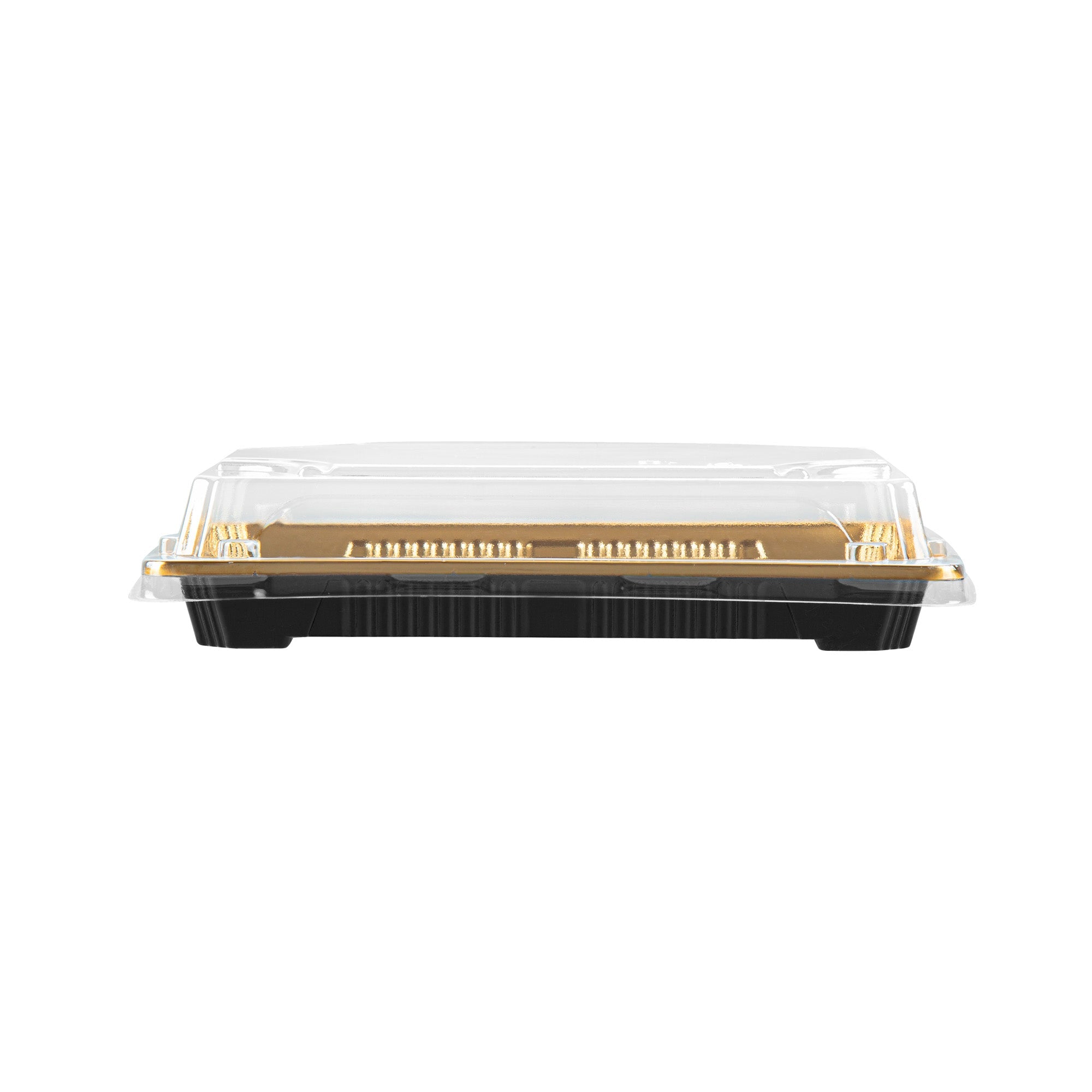 Roku Rectangle Gold Plastic Take Out Sushi Tray - with Clear Lid - 7" x 5" x 1 1/2" - 100 count box