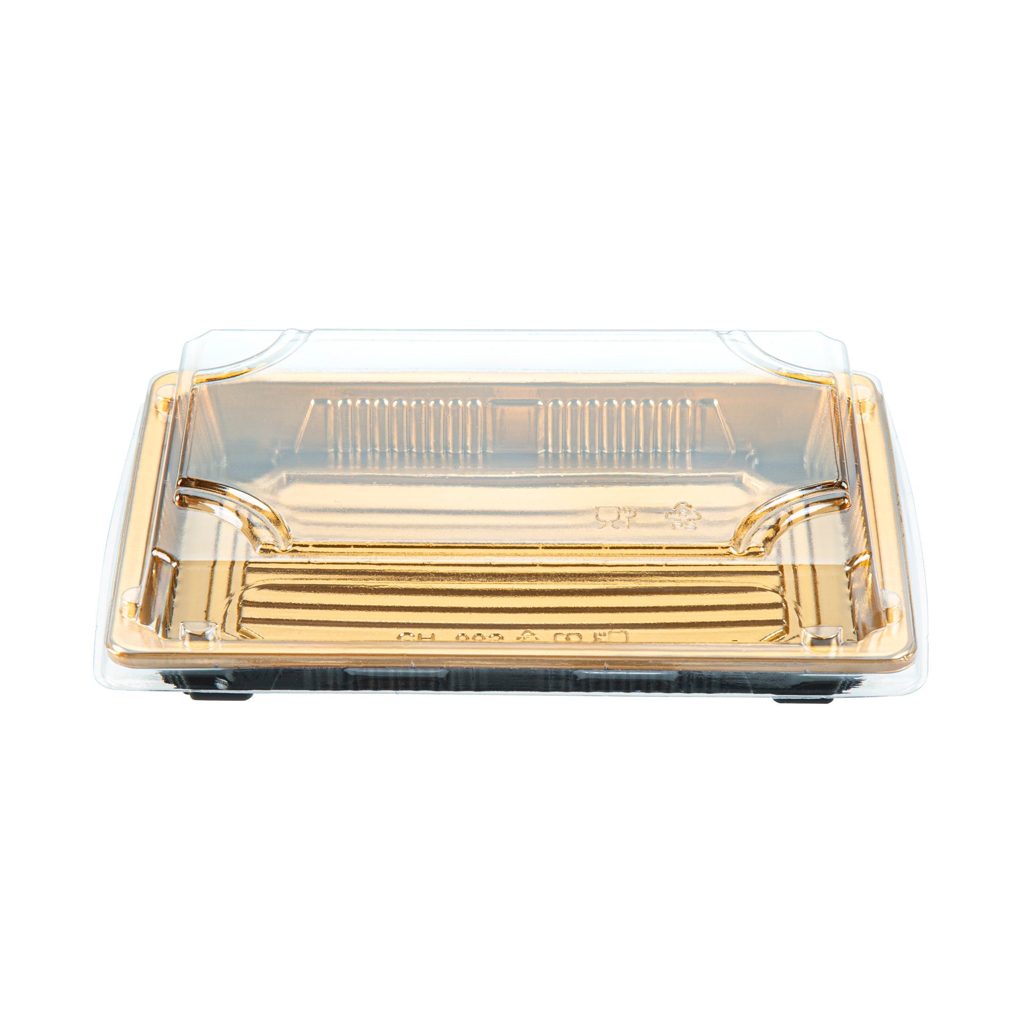 Roku Rectangle Gold Plastic Take Out Sushi Tray - with Clear Lid - 7" x 5" x 1 1/2" - 100 count box