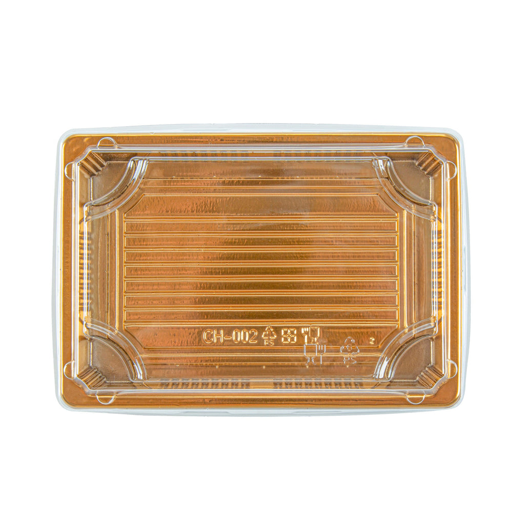 Roku Rectangle Gold Plastic Take Out Sushi Tray - with Clear Lid - 7" x 5" x 1 1/2" - 100 count box