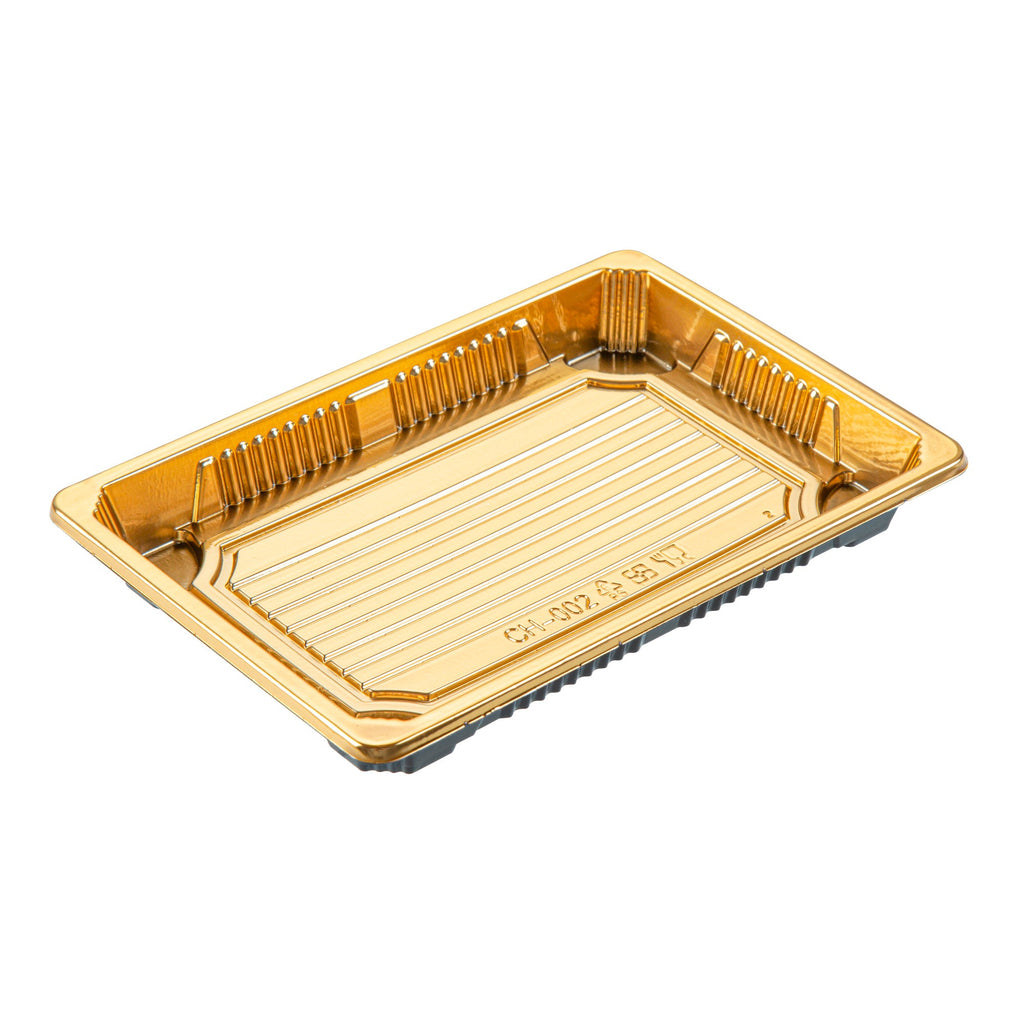 Roku Rectangle Gold Plastic Take Out Sushi Tray - with Clear Lid - 7" x 5" x 1 1/2" - 100 count box