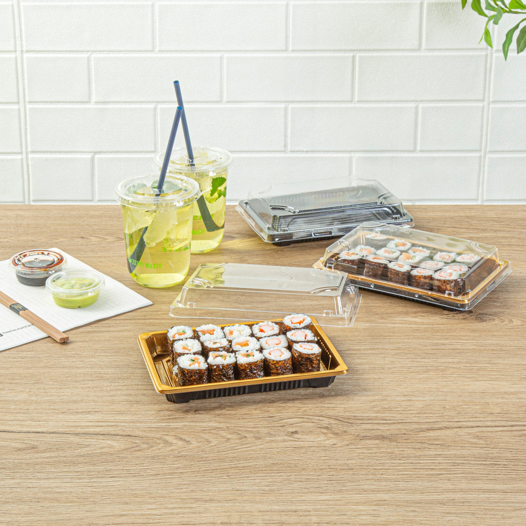 Roku Rectangle Gold Plastic Take Out Sushi Tray - with Clear Lid - 7" x 5" x 1 1/2" - 100 count box