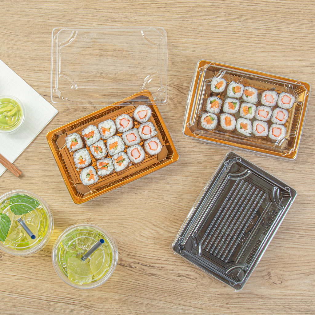 Roku Rectangle Gold Plastic Take Out Sushi Tray - with Clear Lid - 7" x 5" x 1 1/2" - 100 count box