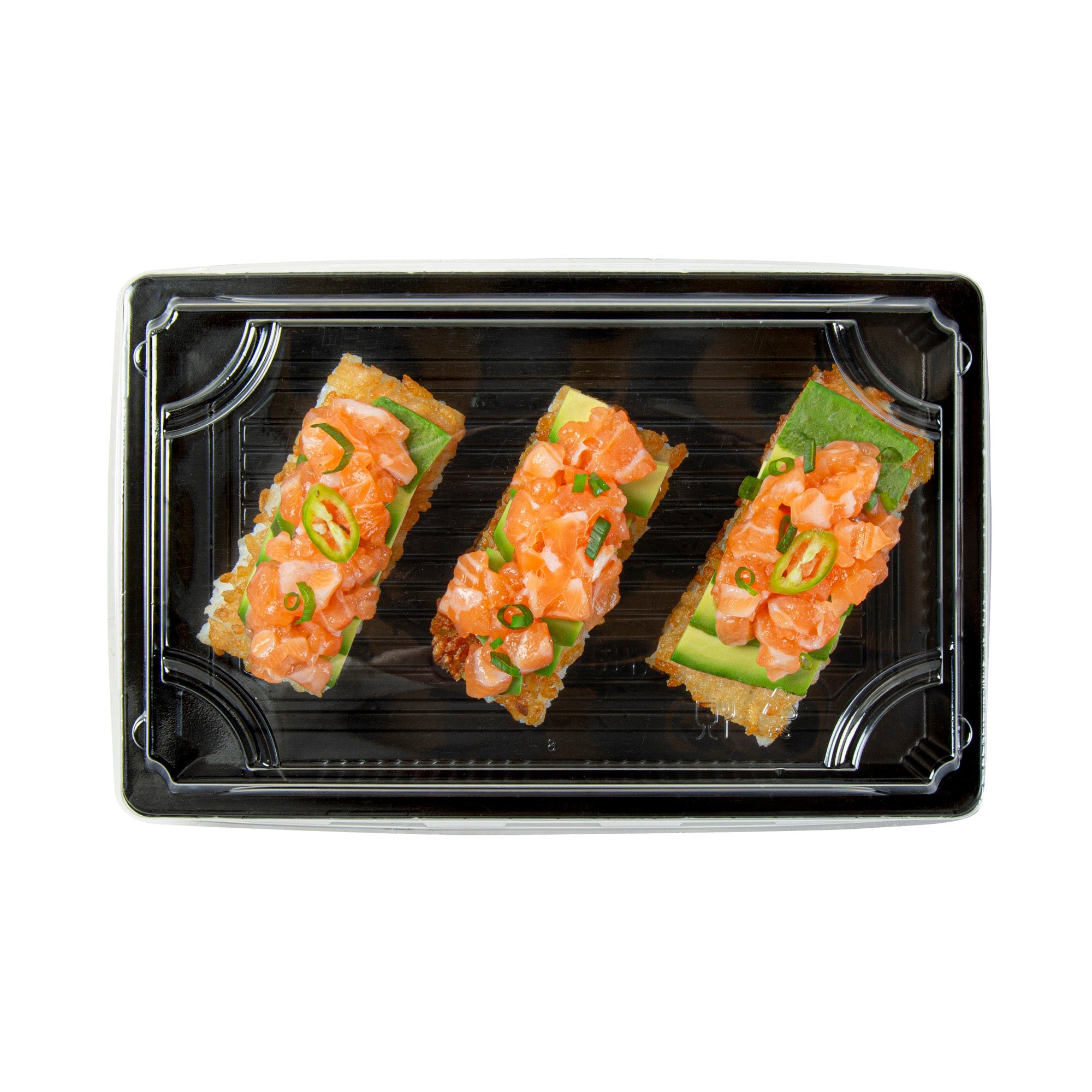 Roku Rectangle Black Plastic Take Out Sushi Tray - with Clear Lid - 8 1/4" x 5 1/4" x 1 1/2" - 100 count box
