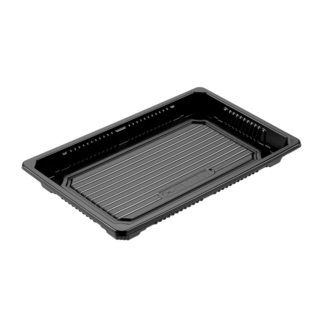 Roku Rectangle Black Plastic Take Out Sushi Tray - with Clear Lid - 8 1/4" x 5 1/4" x 1 1/2" - 100 count box