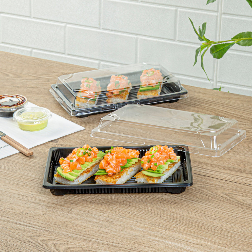 Roku Rectangle Black Plastic Take Out Sushi Tray - with Clear Lid - 8 1/4" x 5 1/4" x 1 1/2" - 100 count box