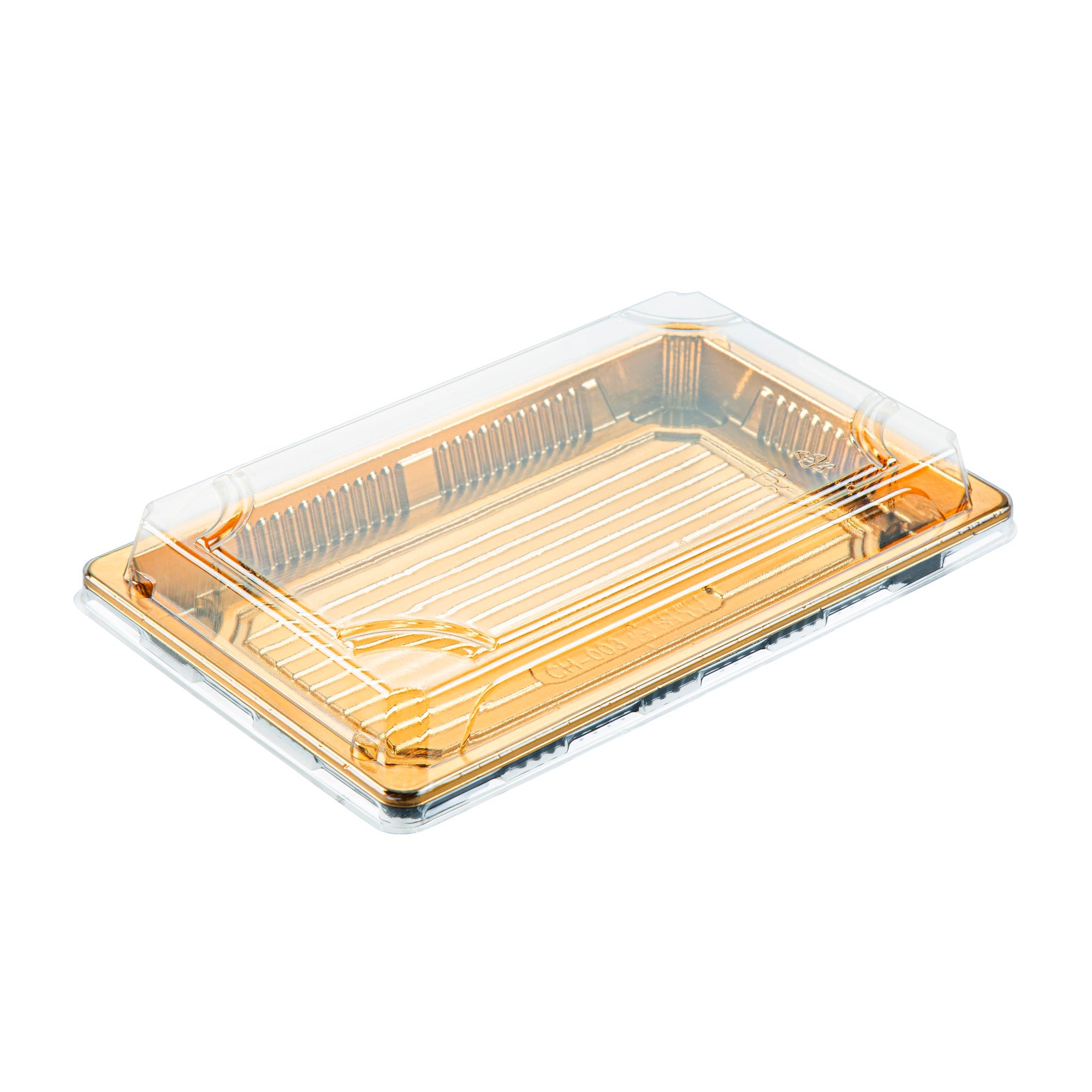 Roku Rectangle Gold Plastic Take Out Sushi Tray - with Clear Lid - 8 1/4" x 5 1/4" x 1 1/2" - 100 count box