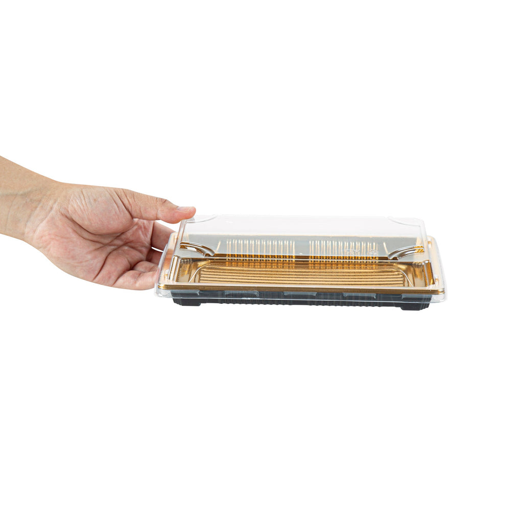 Roku Rectangle Gold Plastic Take Out Sushi Tray - with Clear Lid - 8 1/4" x 5 1/4" x 1 1/2" - 100 count box