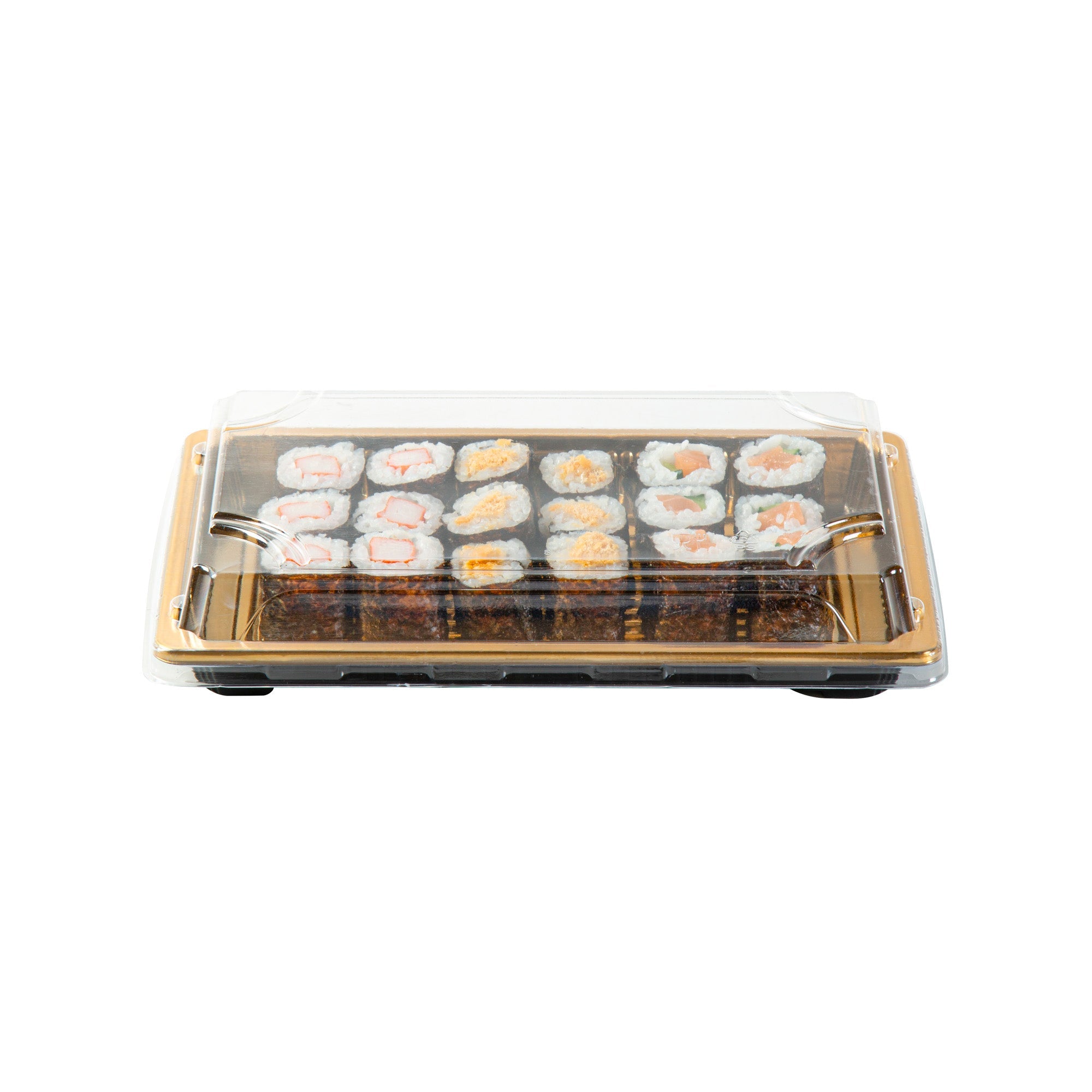 Roku Rectangle Gold Plastic Take Out Sushi Tray - with Clear Lid - 8 1/4" x 5 1/4" x 1 1/2" - 100 count box