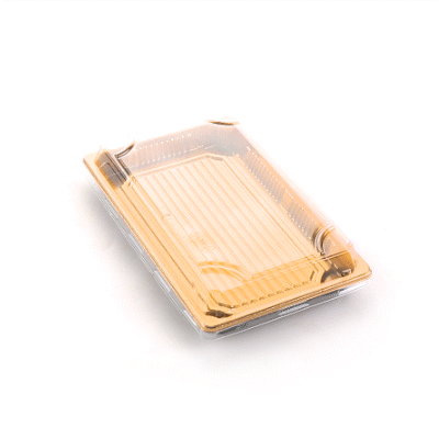 Roku Rectangle Gold Plastic Take Out Sushi Tray - with Clear Lid - 8 1/4" x 5 1/4" x 1 1/2" - 100 count box