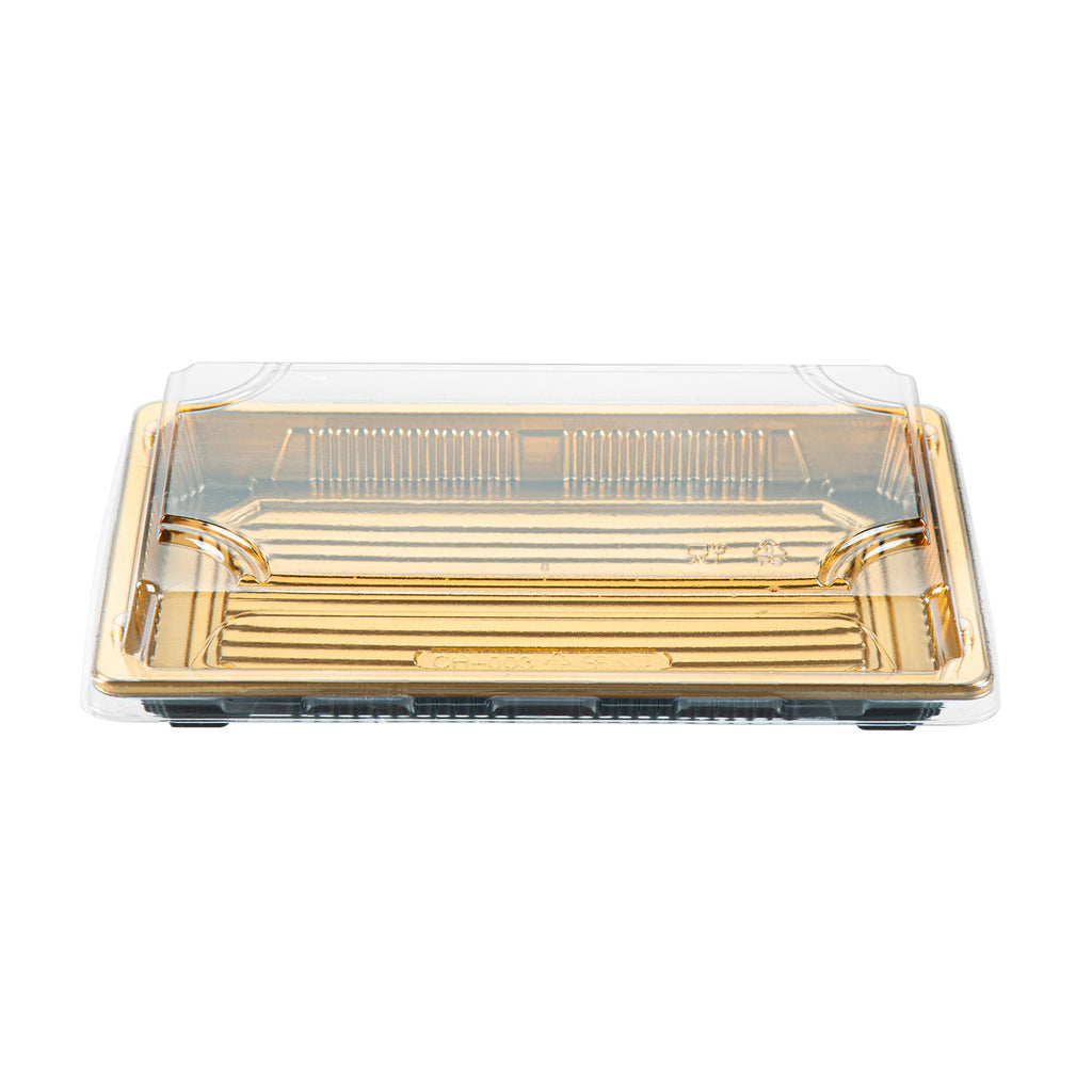 Roku Rectangle Gold Plastic Take Out Sushi Tray - with Clear Lid - 8 1/4" x 5 1/4" x 1 1/2" - 100 count box
