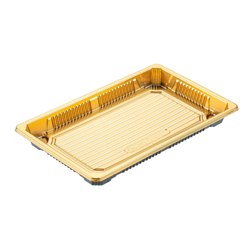 Roku Rectangle Gold Plastic Take Out Sushi Tray - with Clear Lid - 8 1/4" x 5 1/4" x 1 1/2" - 100 count box