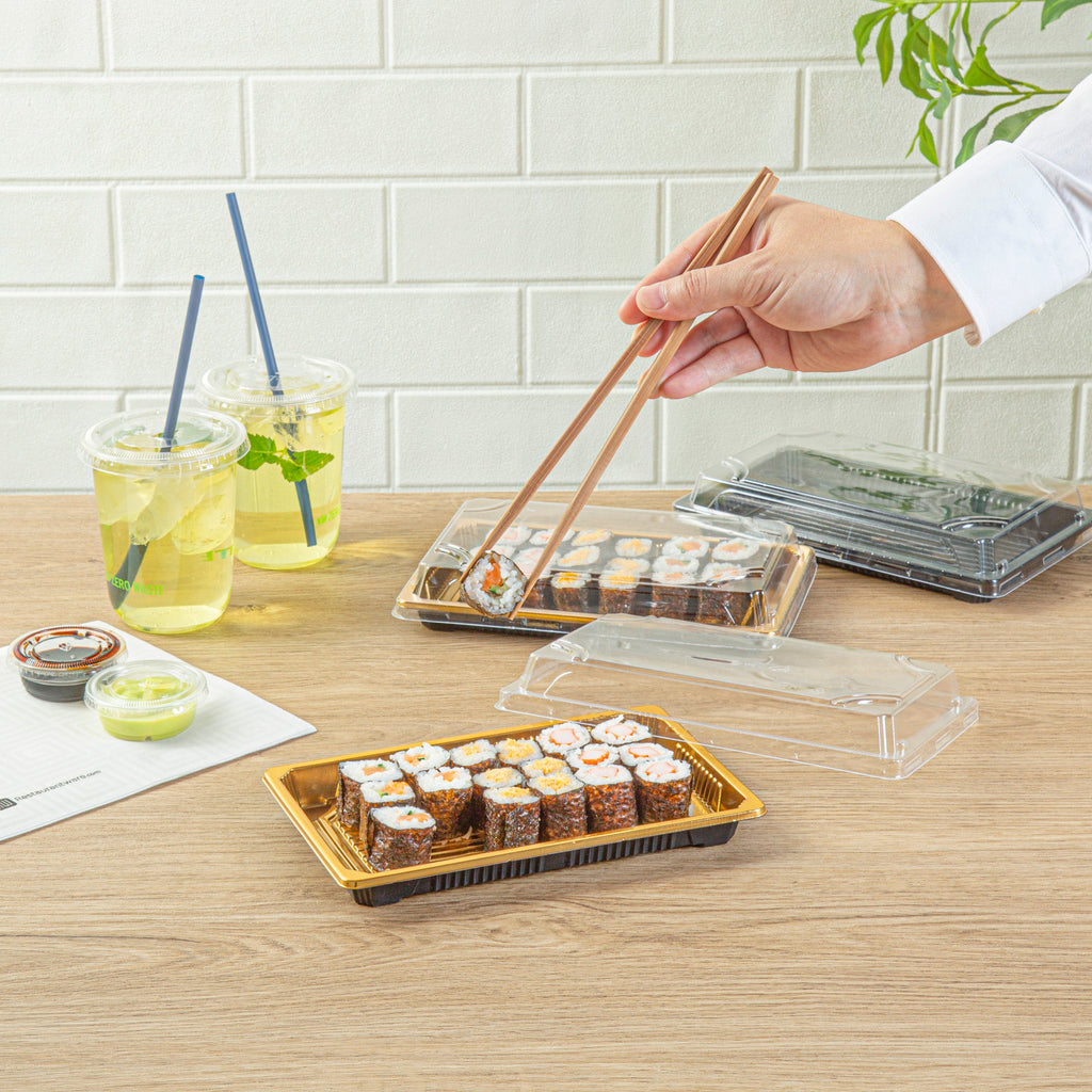 Roku Rectangle Gold Plastic Take Out Sushi Tray - with Clear Lid - 8 1/4" x 5 1/4" x 1 1/2" - 100 count box