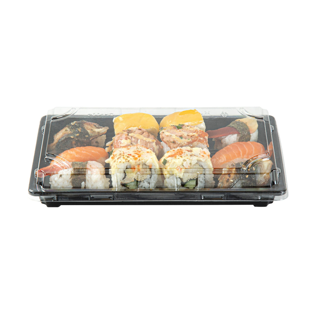 Roku Rectangle Black Plastic Take Out Sushi Tray - with Clear Lid - 9 1/4" x 6" x 1 3/4" - 100 count box