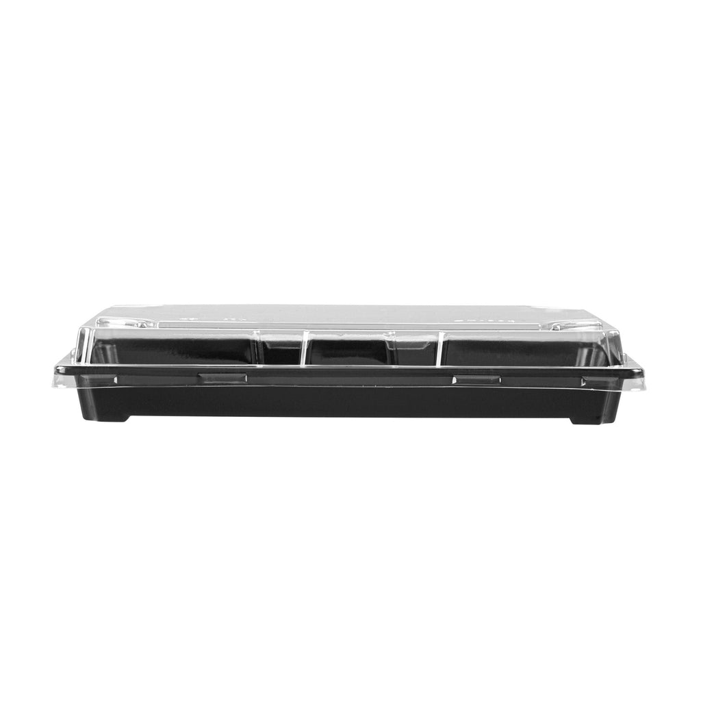 Roku Rectangle Black Plastic Take Out Sushi Tray - with Clear Lid - 9 1/4" x 6" x 1 3/4" - 100 count box