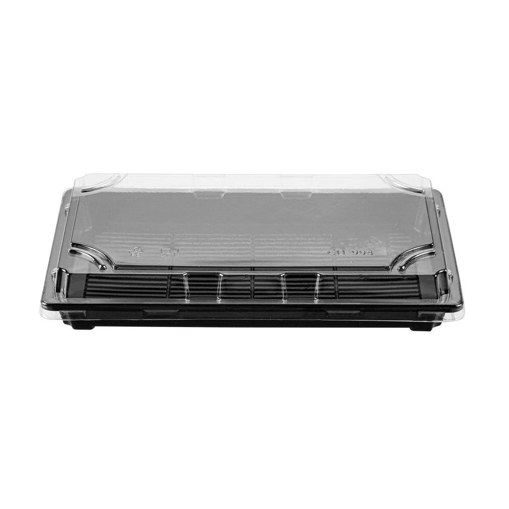Roku Rectangle Black Plastic Take Out Sushi Tray - with Clear Lid - 9 1/4" x 6" x 1 3/4" - 100 count box