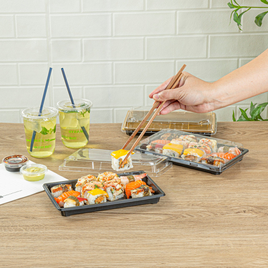 Roku Rectangle Black Plastic Take Out Sushi Tray - with Clear Lid - 9 1/4" x 6" x 1 3/4" - 100 count box