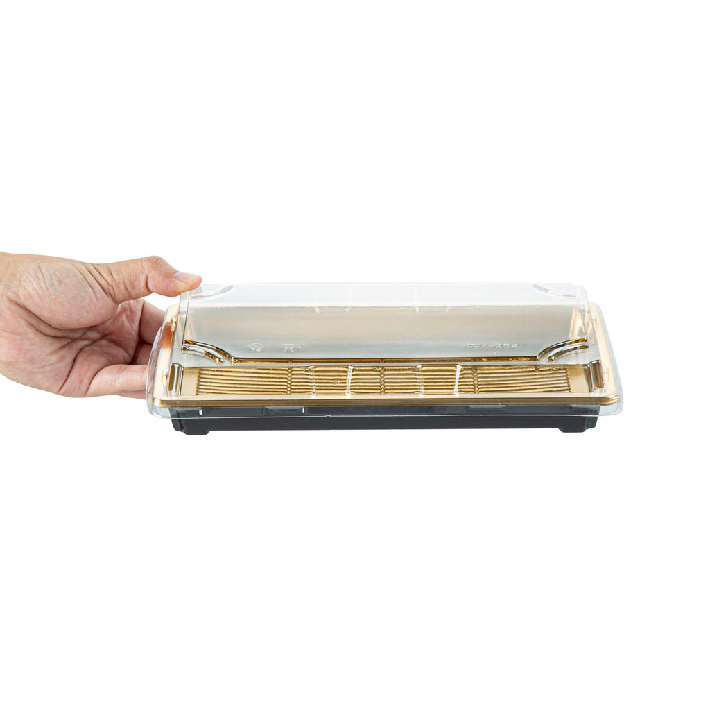 Roku Rectangle Gold Plastic Take Out Sushi Tray - with Clear Lid - 9 1/4" x 6" x 1 3/4" - 100 count box