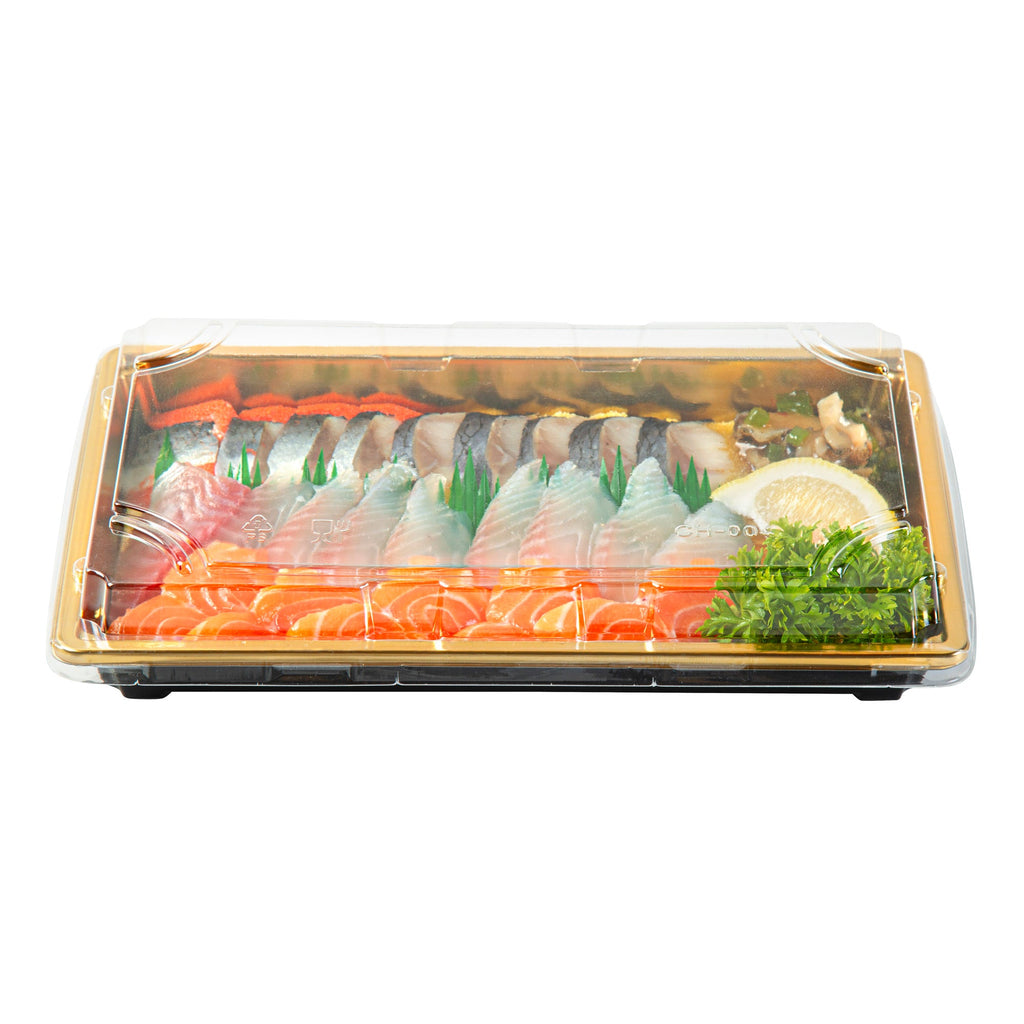 Roku Rectangle Gold Plastic Take Out Sushi Tray - with Clear Lid - 9 1/4" x 6" x 1 3/4" - 100 count box