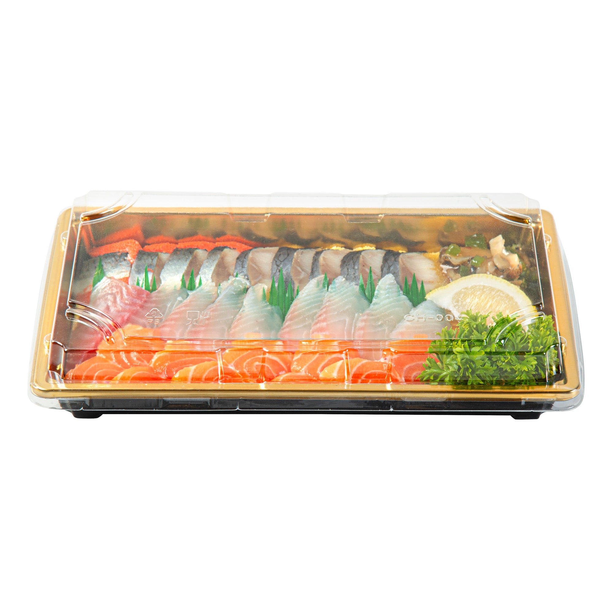 Roku Rectangle Gold Plastic Take Out Sushi Tray - with Clear Lid - 9 1/4" x 6" x 1 3/4" - 100 count box