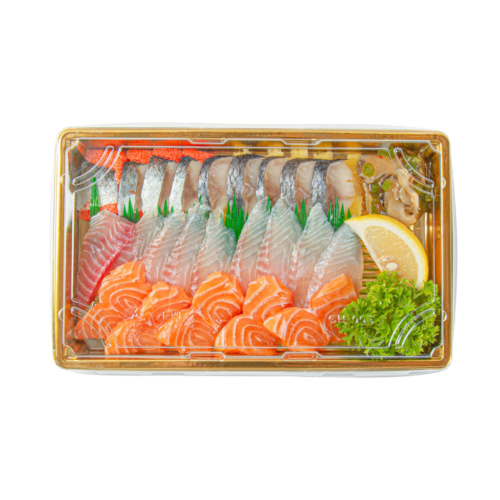 Roku Rectangle Gold Plastic Take Out Sushi Tray - with Clear Lid - 9 1/4" x 6" x 1 3/4" - 100 count box