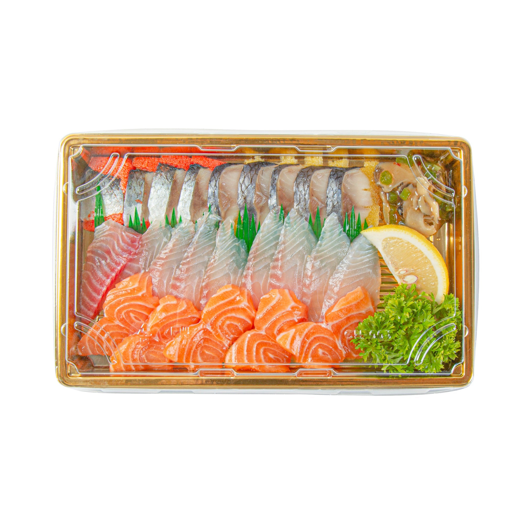 Roku Rectangle Gold Plastic Take Out Sushi Tray - with Clear Lid - 9 1/4" x 6" x 1 3/4" - 100 count box