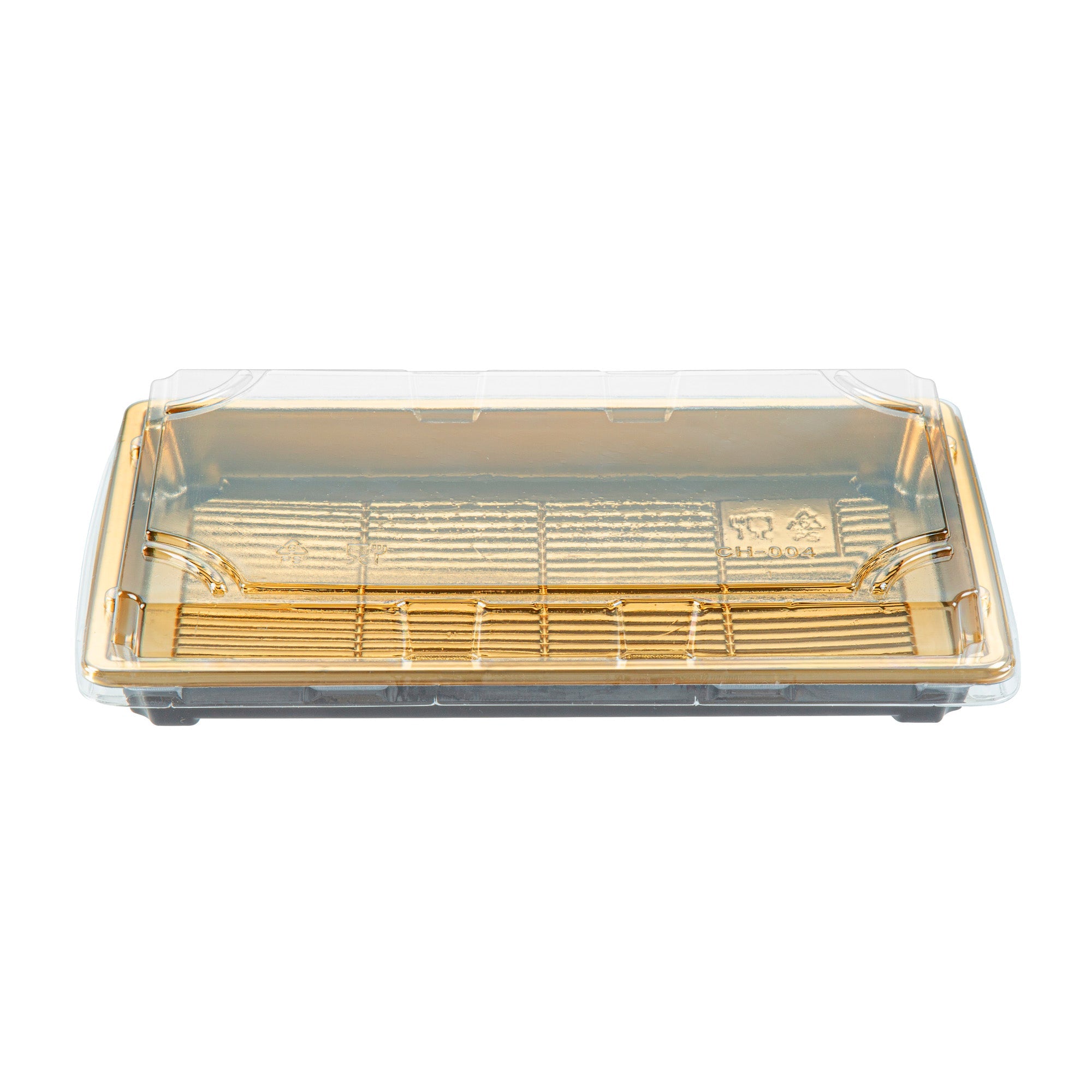 Roku Rectangle Gold Plastic Take Out Sushi Tray - with Clear Lid - 9 1/4" x 6" x 1 3/4" - 100 count box