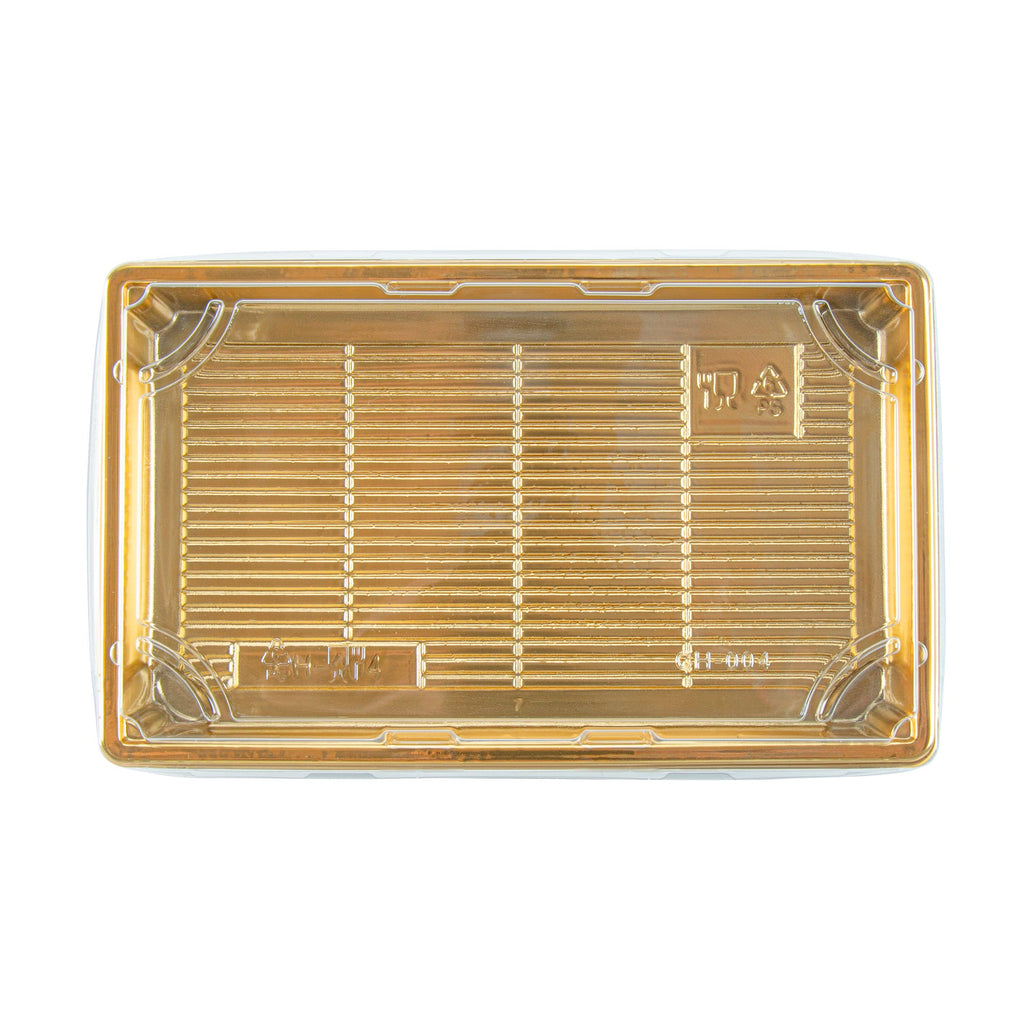 Roku Rectangle Gold Plastic Take Out Sushi Tray - with Clear Lid - 9 1/4" x 6" x 1 3/4" - 100 count box