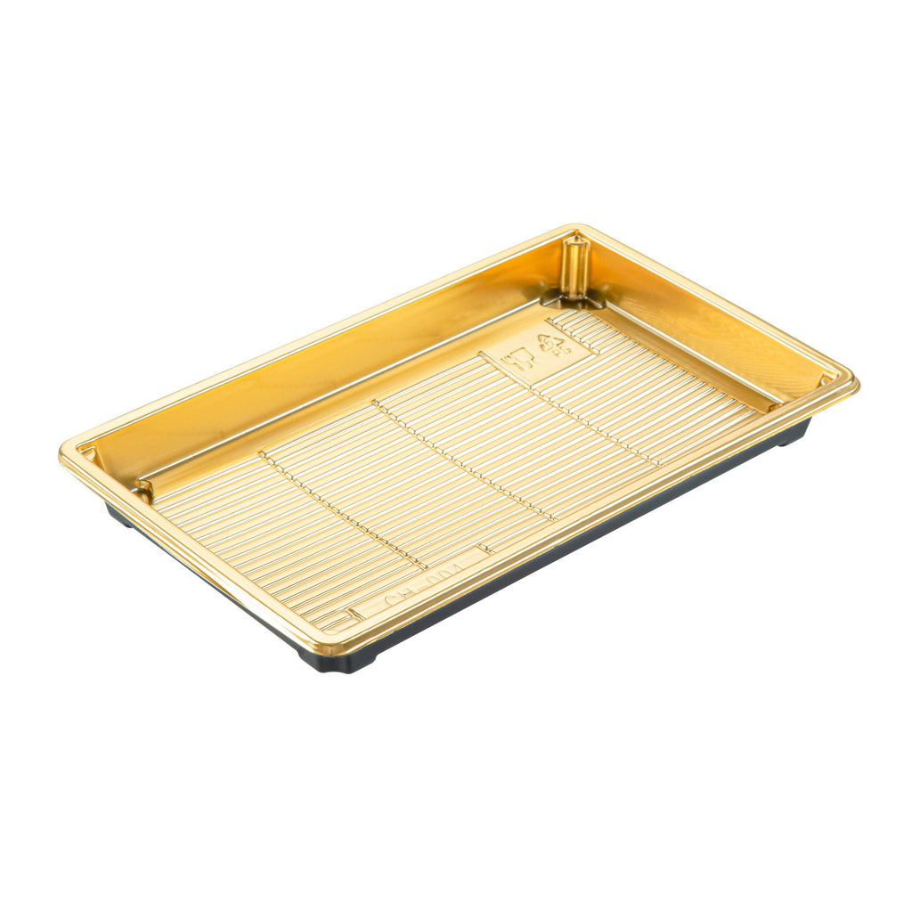 Roku Rectangle Gold Plastic Take Out Sushi Tray - with Clear Lid - 9 1/4" x 6" x 1 3/4" - 100 count box