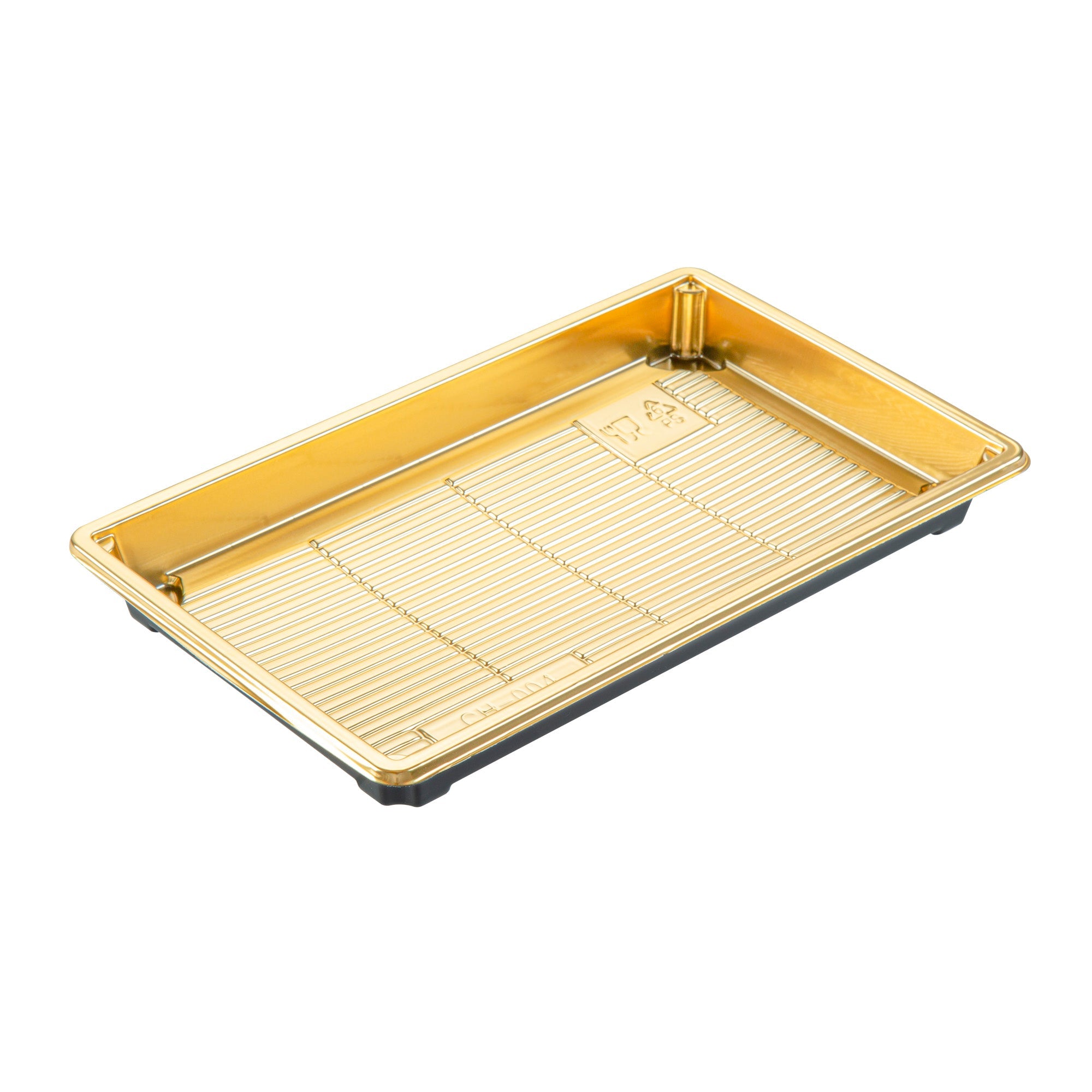 Roku Rectangle Gold Plastic Take Out Sushi Tray - with Clear Lid - 9 1/4" x 6" x 1 3/4" - 100 count box