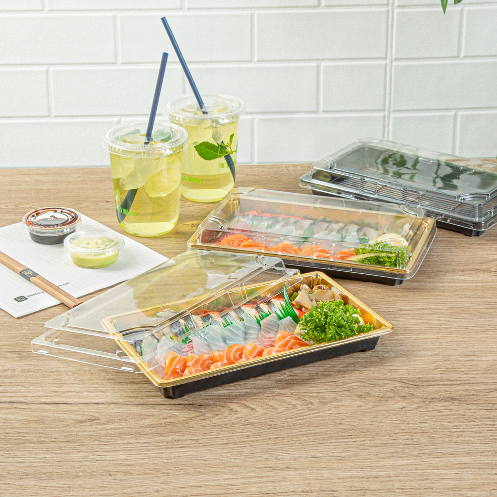 Roku Rectangle Gold Plastic Take Out Sushi Tray - with Clear Lid - 9 1/4" x 6" x 1 3/4" - 100 count box