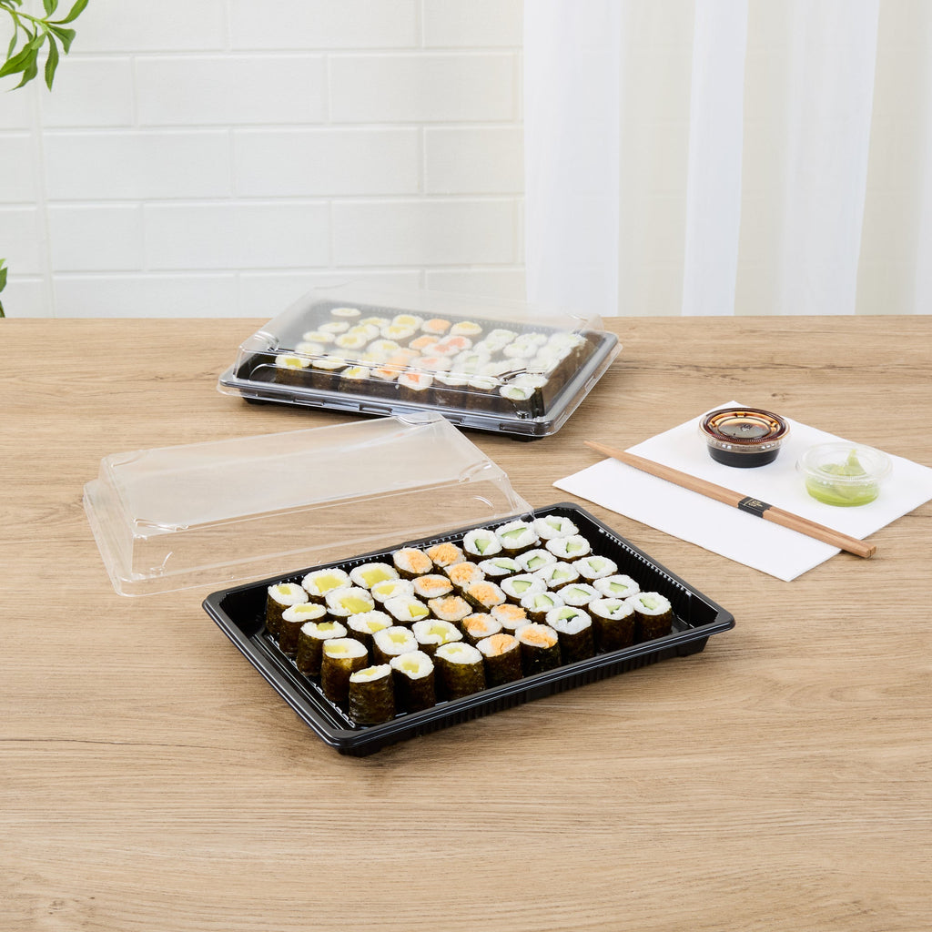 Roku Rectangle Black Plastic Take Out Sushi Tray - with Clear Lid - 10" x 7 1/4" x 1 3/4" - 100 count box