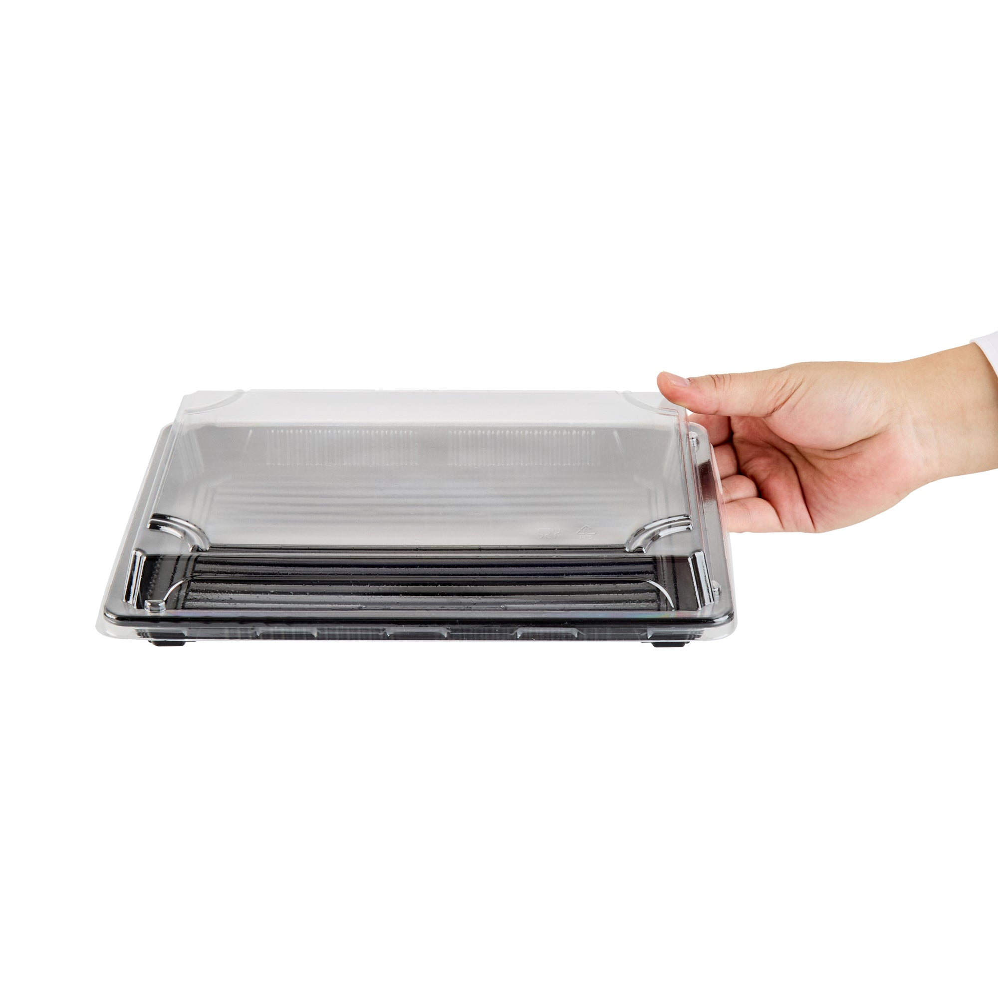 Roku Rectangle Black Plastic Take Out Sushi Tray - with Clear Lid - 10" x 7 1/4" x 1 3/4" - 100 count box