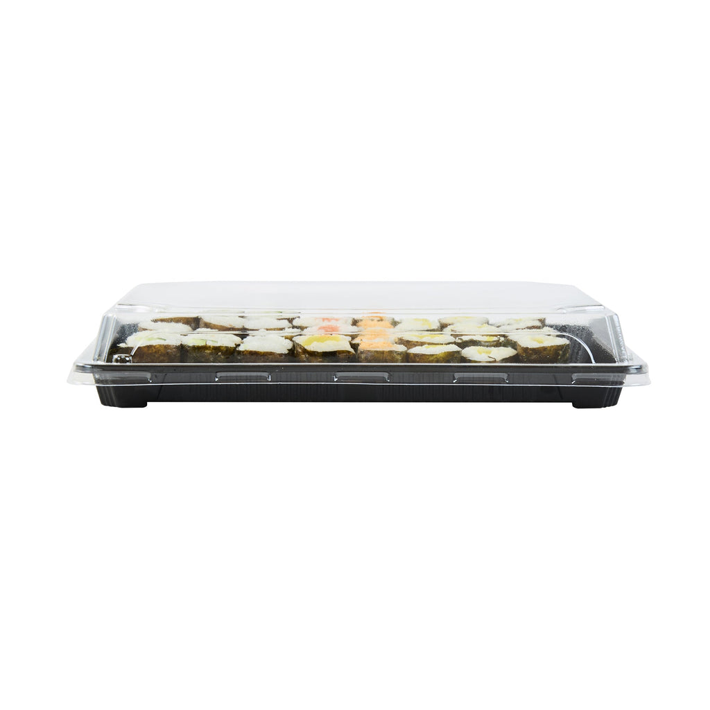 Roku Rectangle Black Plastic Take Out Sushi Tray - with Clear Lid - 10" x 7 1/4" x 1 3/4" - 100 count box