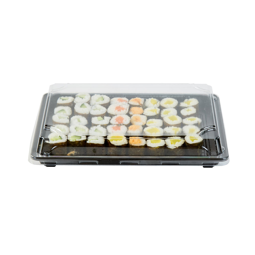 Roku Rectangle Black Plastic Take Out Sushi Tray - with Clear Lid - 10" x 7 1/4" x 1 3/4" - 100 count box