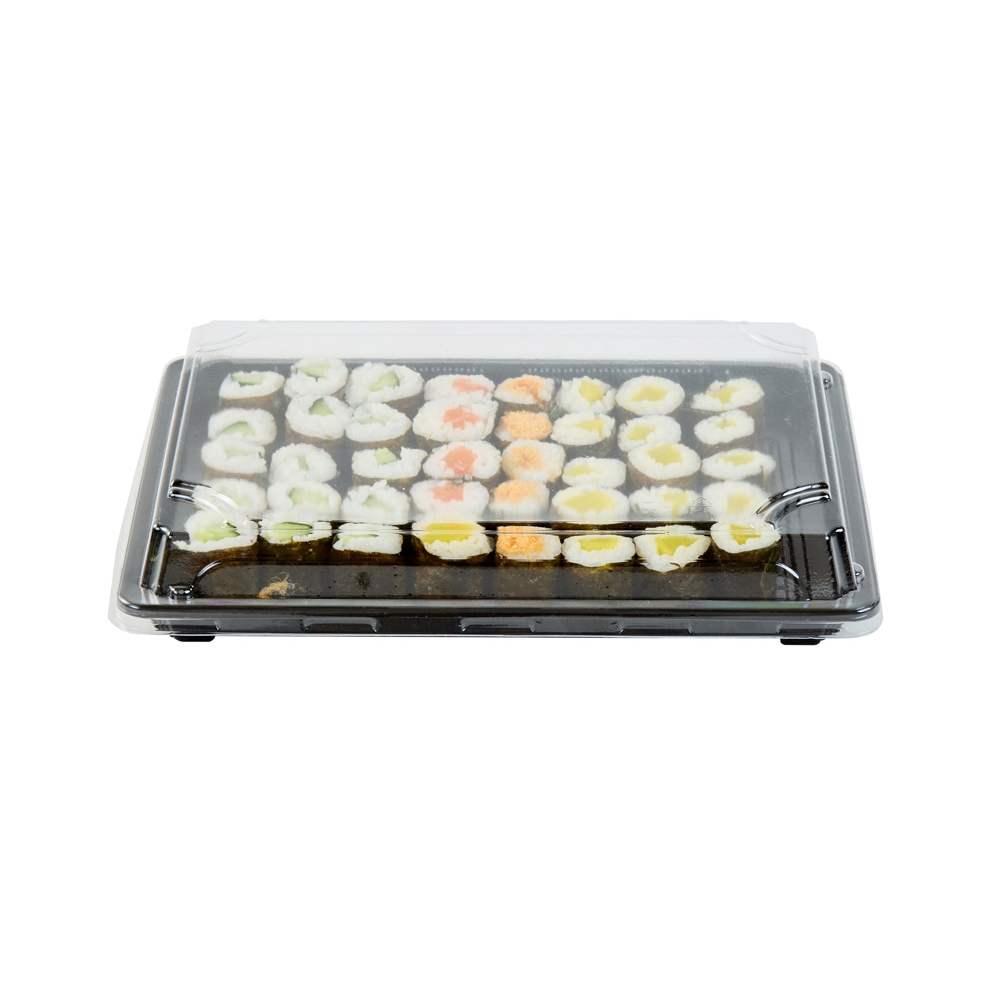 Roku Rectangle Black Plastic Take Out Sushi Tray - with Clear Lid - 10" x 7 1/4" x 1 3/4" - 100 count box