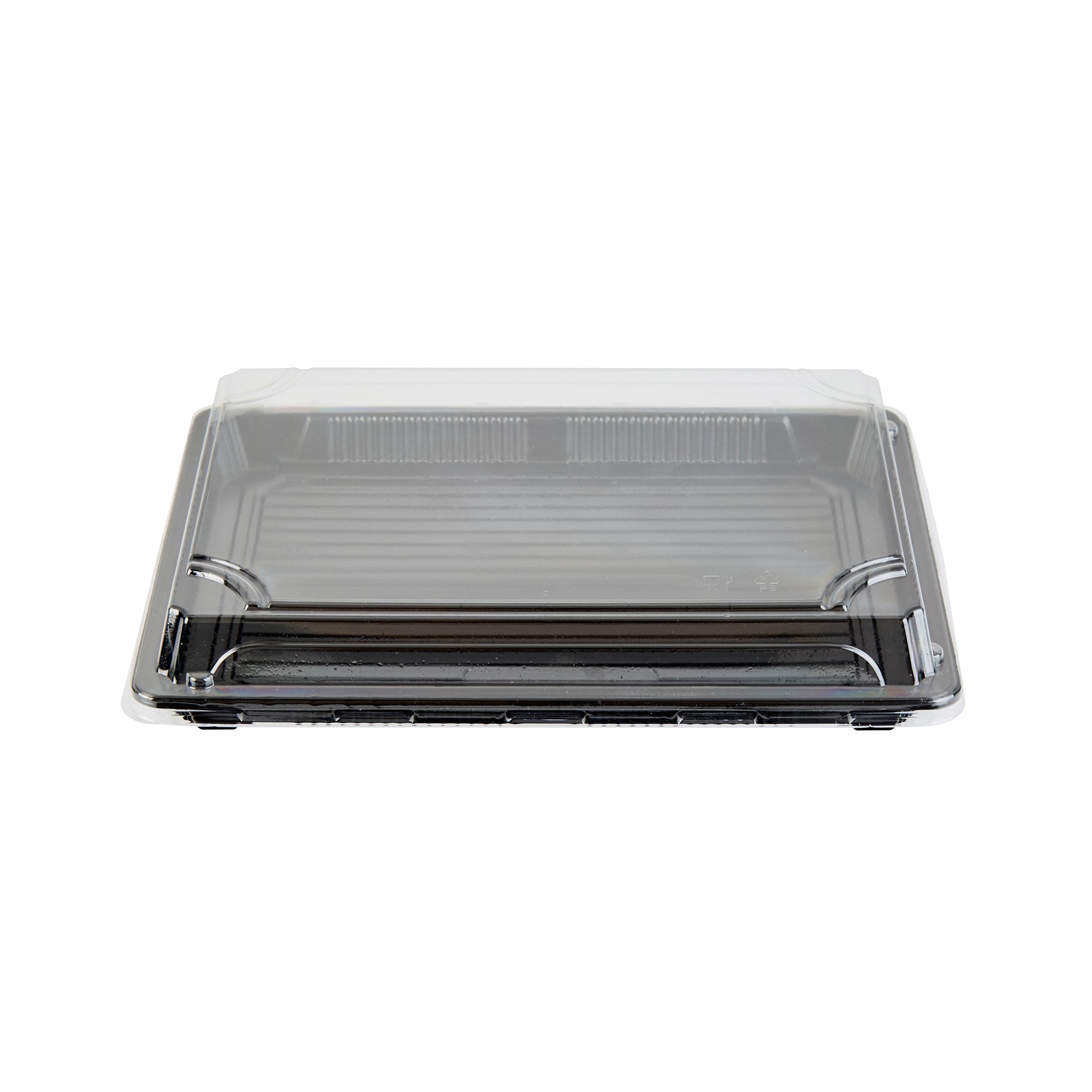 Roku Rectangle Black Plastic Take Out Sushi Tray - with Clear Lid - 10" x 7 1/4" x 1 3/4" - 100 count box
