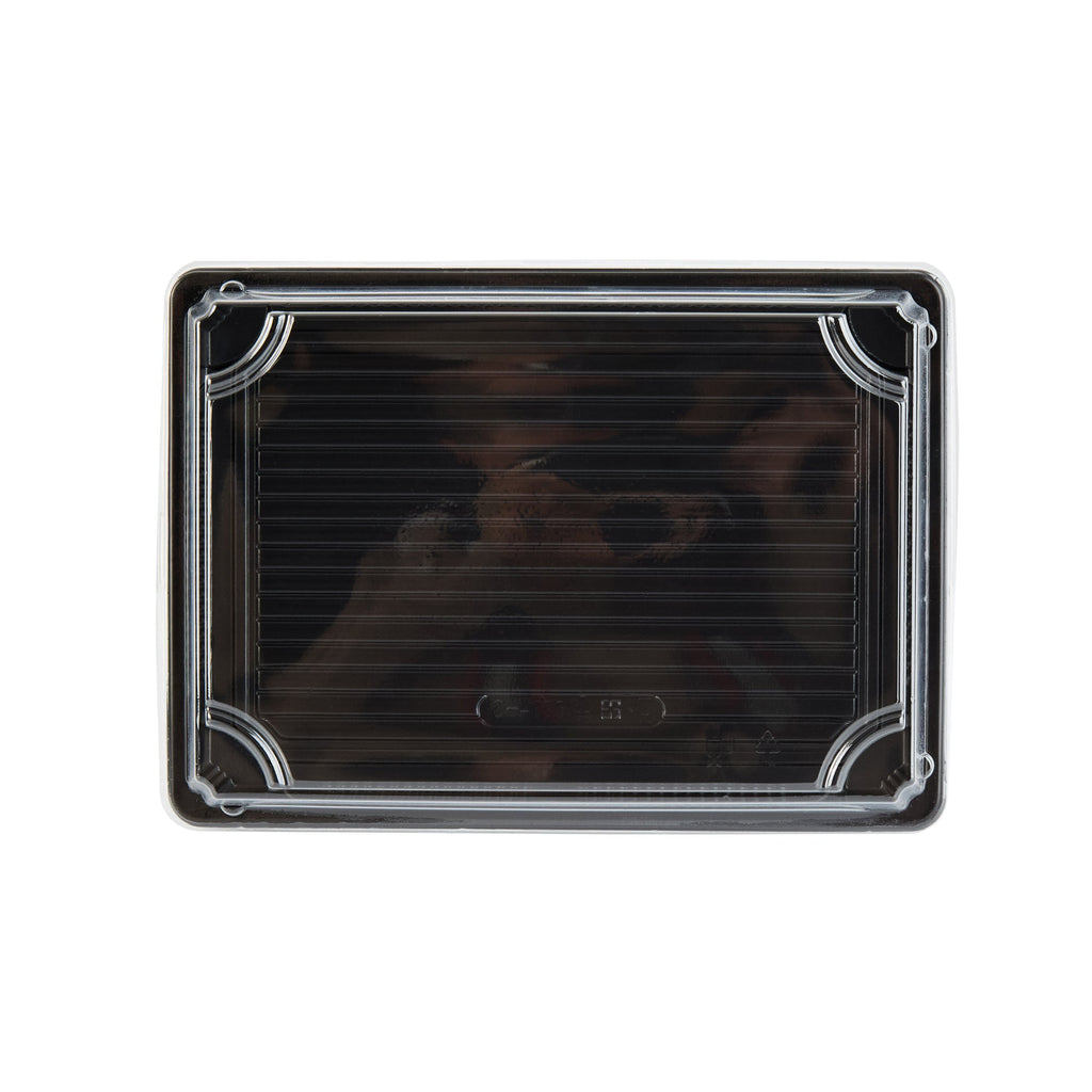 Roku Rectangle Black Plastic Take Out Sushi Tray - with Clear Lid - 10" x 7 1/4" x 1 3/4" - 100 count box