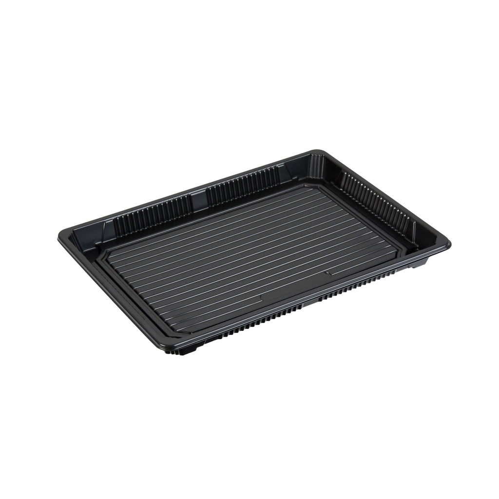 Roku Rectangle Black Plastic Take Out Sushi Tray - with Clear Lid - 10" x 7 1/4" x 1 3/4" - 100 count box