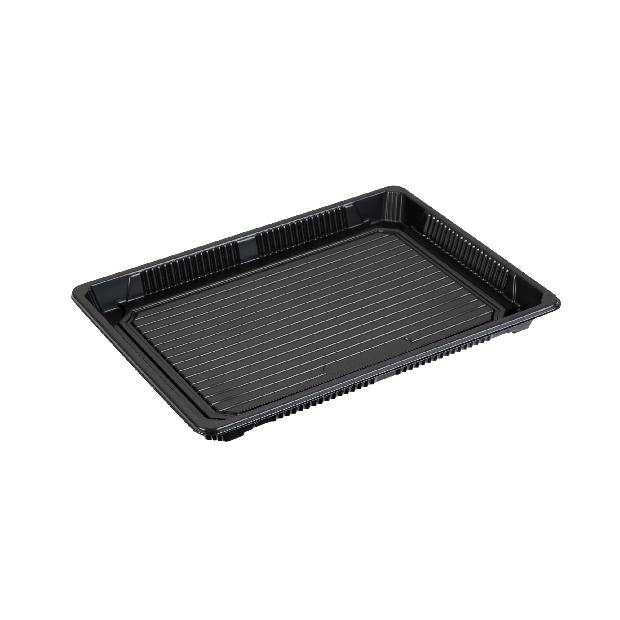 Roku Rectangle Black Plastic Take Out Sushi Tray - with Clear Lid - 10" x 7 1/4" x 1 3/4" - 100 count box