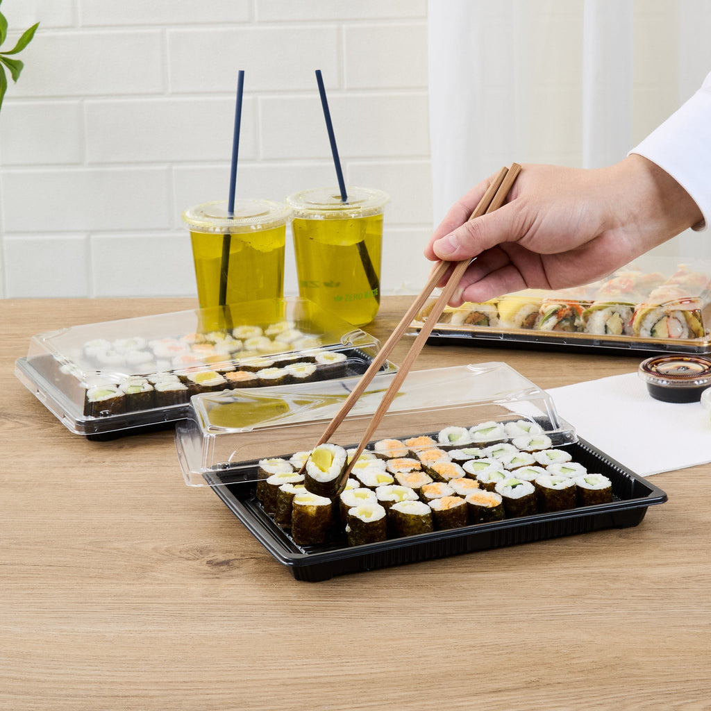 Roku Rectangle Black Plastic Take Out Sushi Tray - with Clear Lid - 10" x 7 1/4" x 1 3/4" - 100 count box