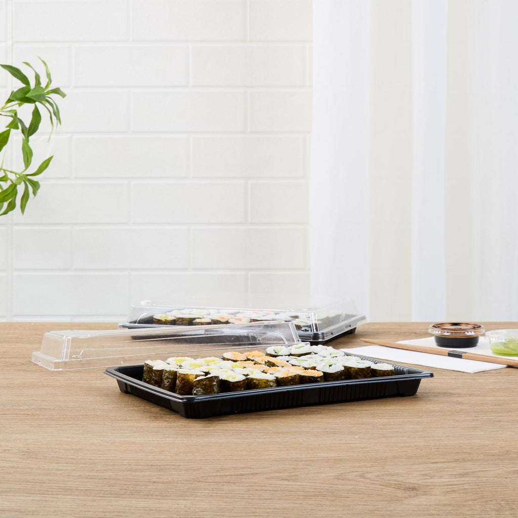 Roku Rectangle Black Plastic Take Out Sushi Tray - with Clear Lid - 10" x 7 1/4" x 1 3/4" - 100 count box