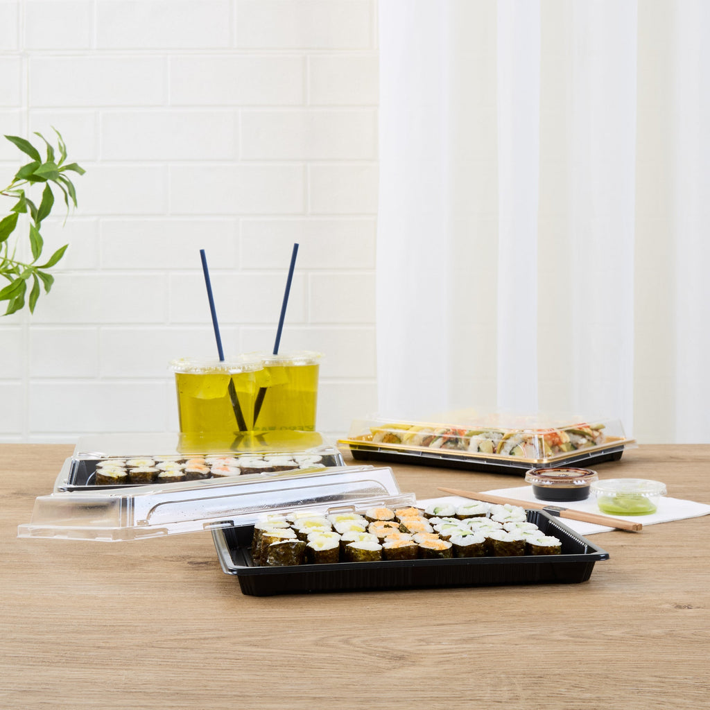 Roku Rectangle Black Plastic Take Out Sushi Tray - with Clear Lid - 10" x 7 1/4" x 1 3/4" - 100 count box