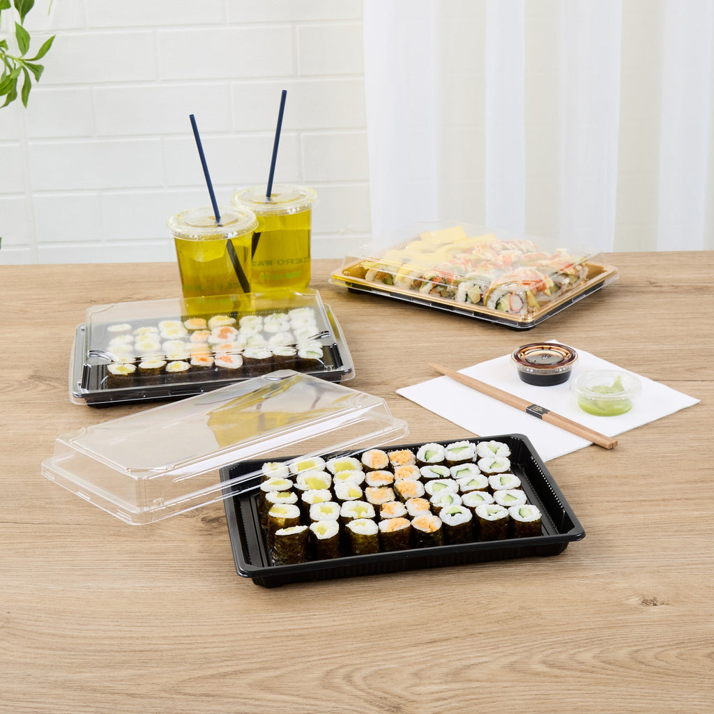 Roku Rectangle Black Plastic Take Out Sushi Tray - with Clear Lid - 10" x 7 1/4" x 1 3/4" - 100 count box