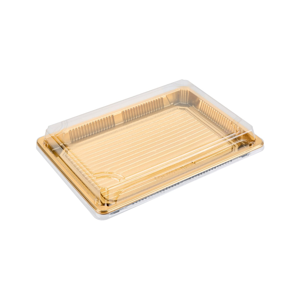 Roku Rectangle Gold Plastic Take Out Sushi Tray - with Clear Lid - 10" x 7 1/4" x 1 3/4" - 100 count box