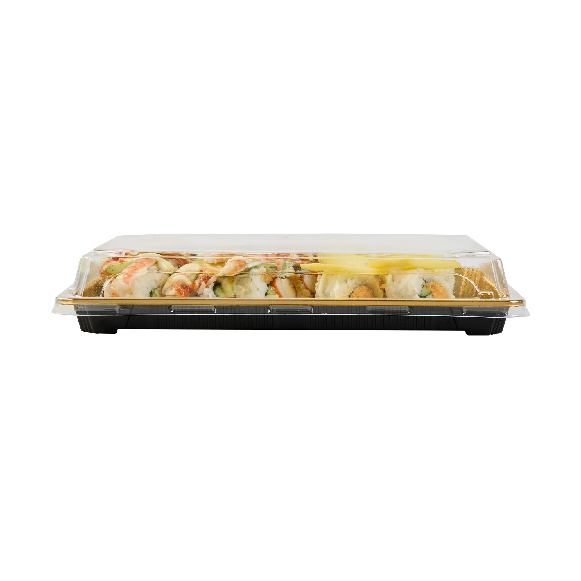 Roku Rectangle Gold Plastic Take Out Sushi Tray - with Clear Lid - 10" x 7 1/4" x 1 3/4" - 100 count box