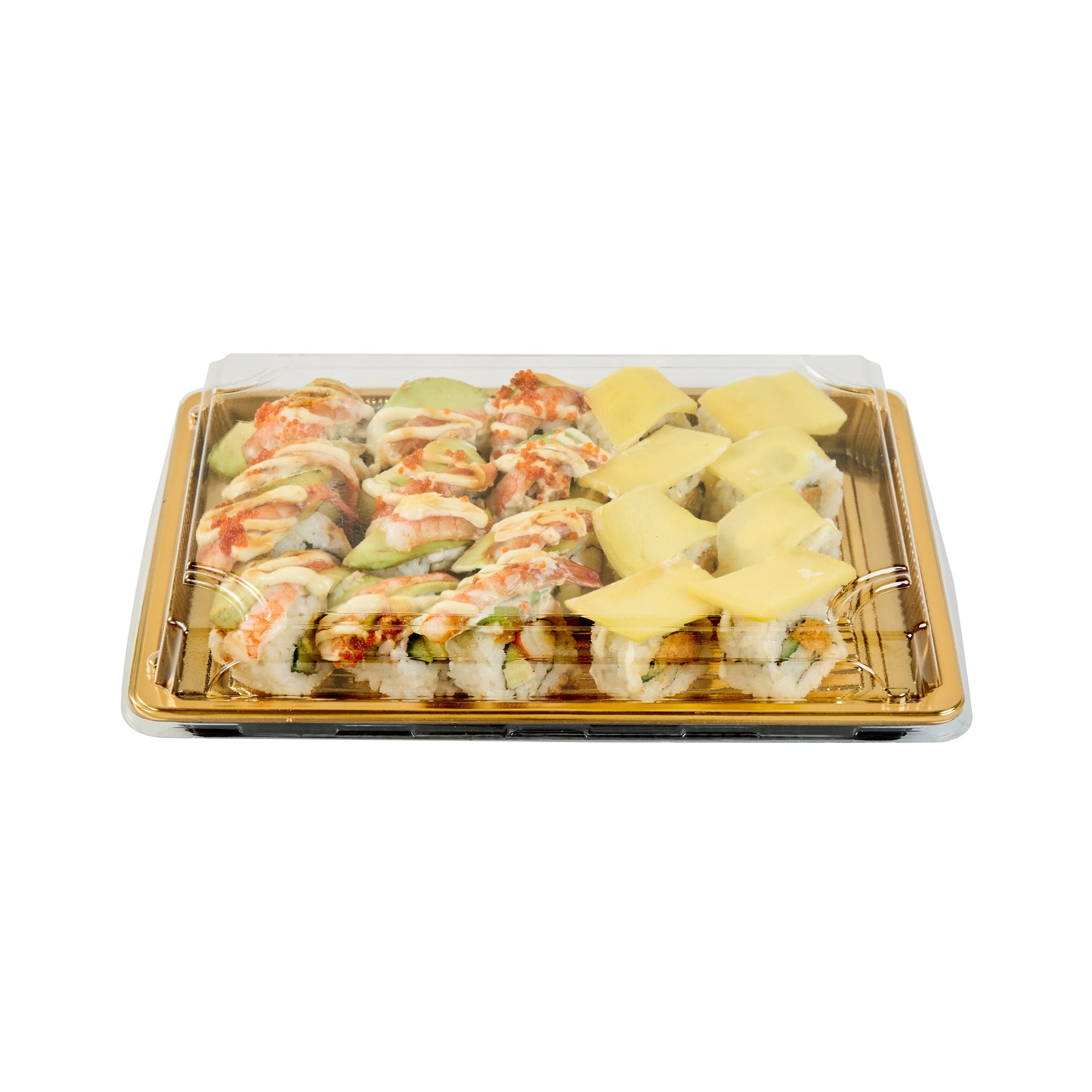 Roku Rectangle Gold Plastic Take Out Sushi Tray - with Clear Lid - 10" x 7 1/4" x 1 3/4" - 100 count box