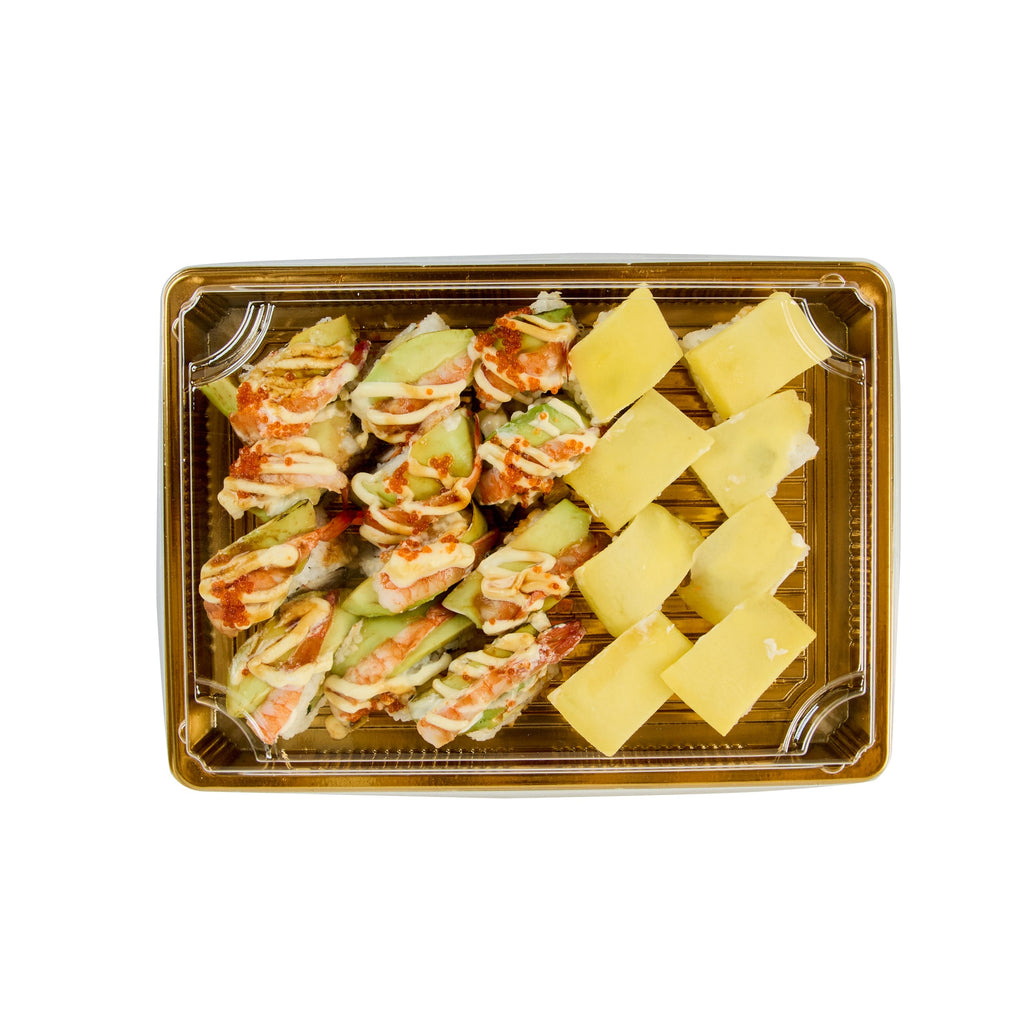 Roku Rectangle Gold Plastic Take Out Sushi Tray - with Clear Lid - 10" x 7 1/4" x 1 3/4" - 100 count box