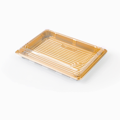 Roku Rectangle Gold Plastic Take Out Sushi Tray - with Clear Lid - 10" x 7 1/4" x 1 3/4" - 100 count box