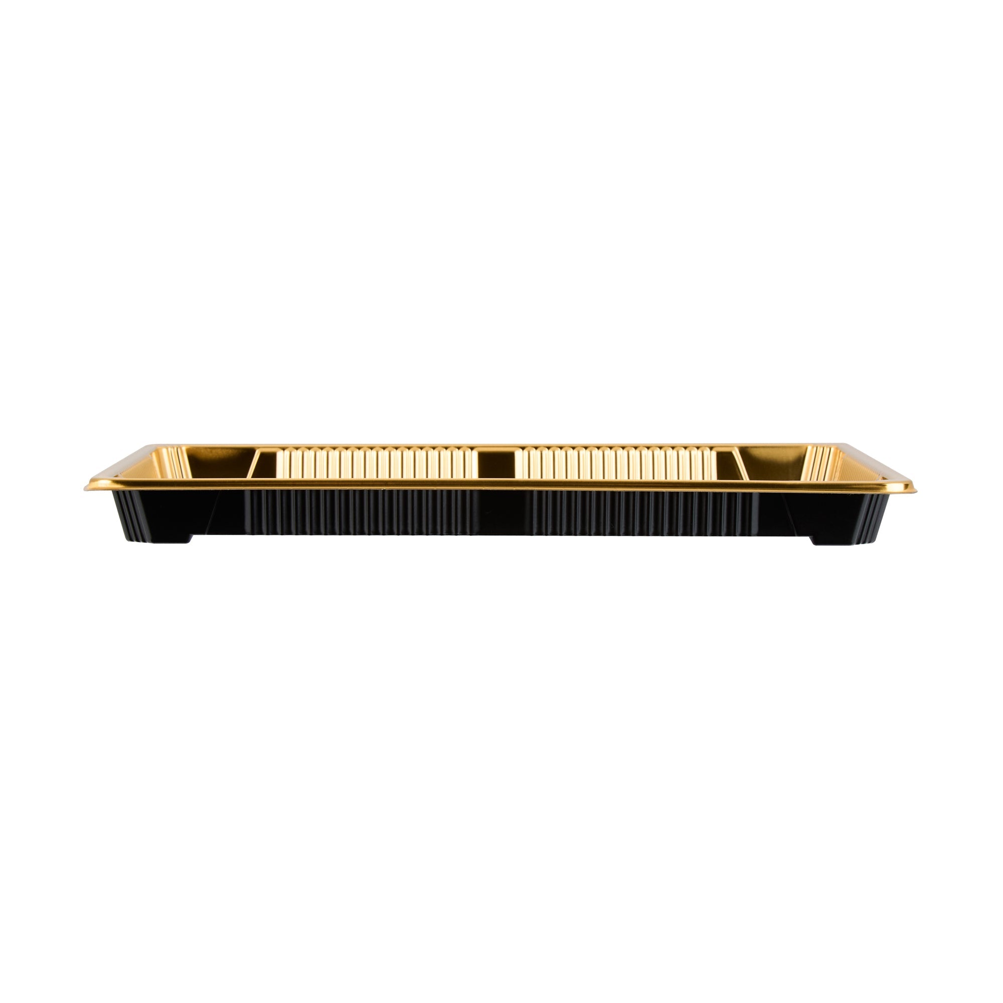 Roku Rectangle Gold Plastic Take Out Sushi Tray - with Clear Lid - 10" x 7 1/4" x 1 3/4" - 100 count box